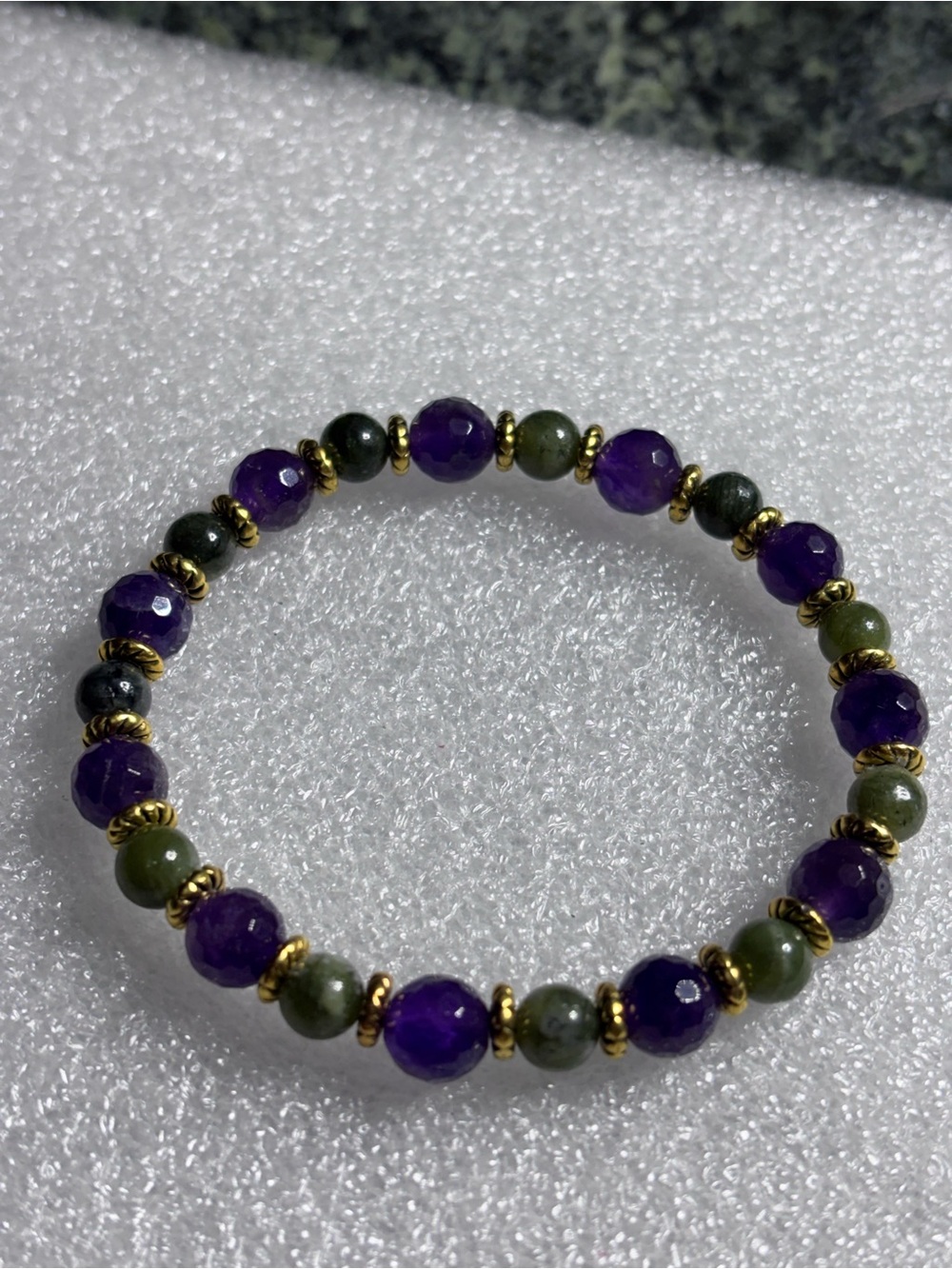 Amethyst and Jade Stretch Bracelet with Gold Accents